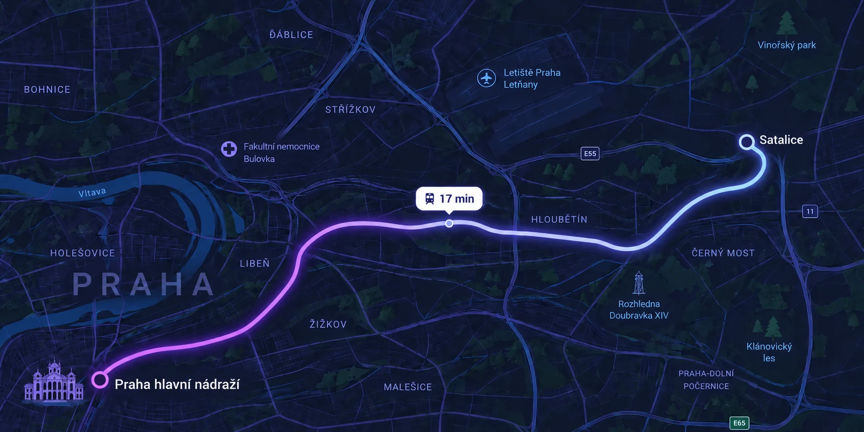 Ilustrační mapa vlakové trasy Praha hlavní nádraží – Satalice s vyznačenou dobou jízdy 17 minut.