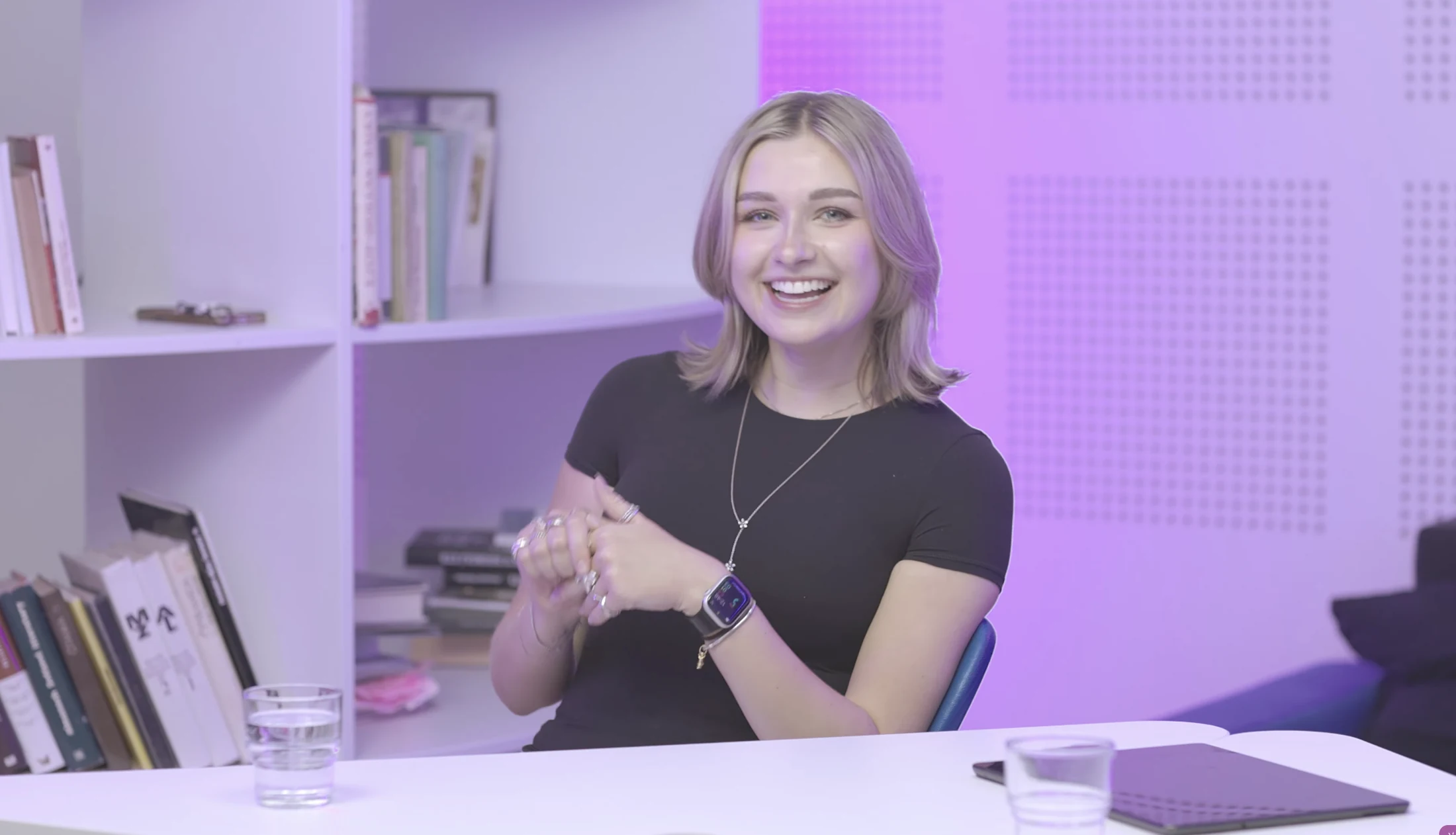 Veronika Bechynská recording the school podcast